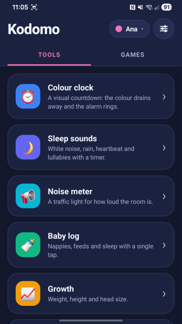 The Kodomo menu with the tools tab open.