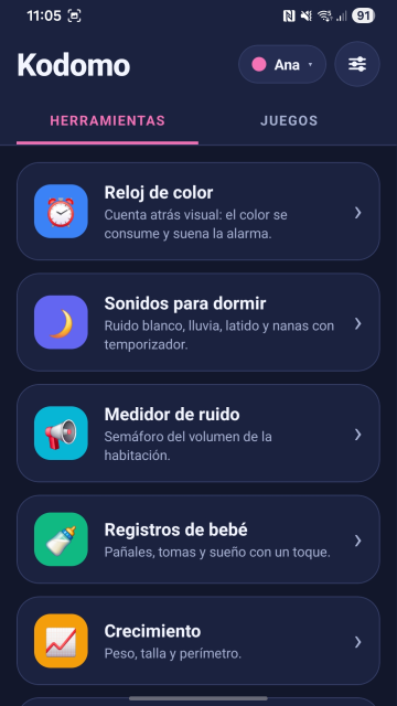 El menú de Kodomo, con la pestaña de herramientas abierta.