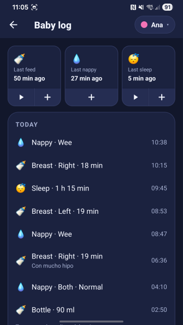 The day's log, with feeds, nappies and sleep.