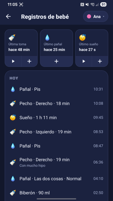 La pantalla de registros del día, con tomas, pañales y sueño.